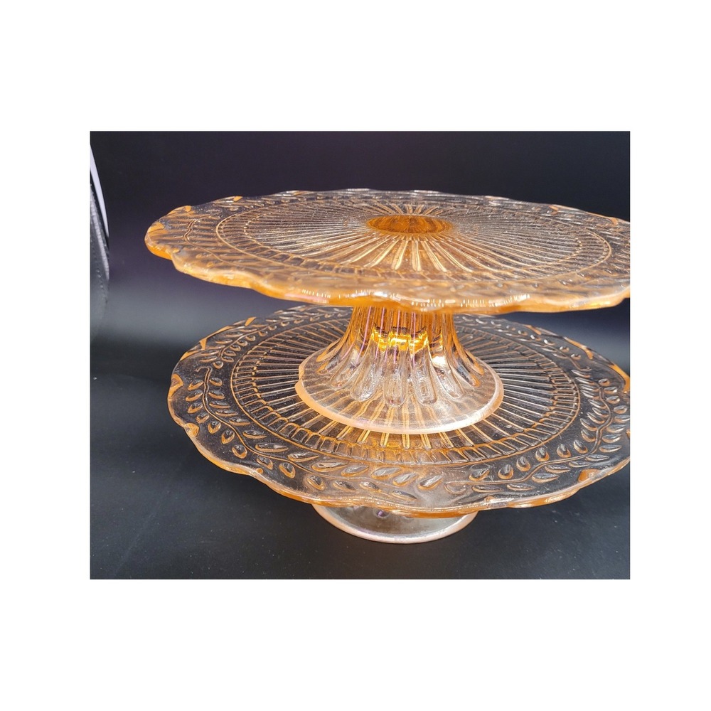 Pink Depression Glass Pedestal Cake Stand 2 Tier Jeannette Laurel Leaf 1930's